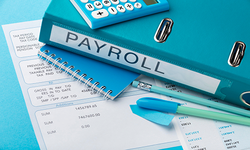 payroll file and other stationery spread out on a flat surface.
